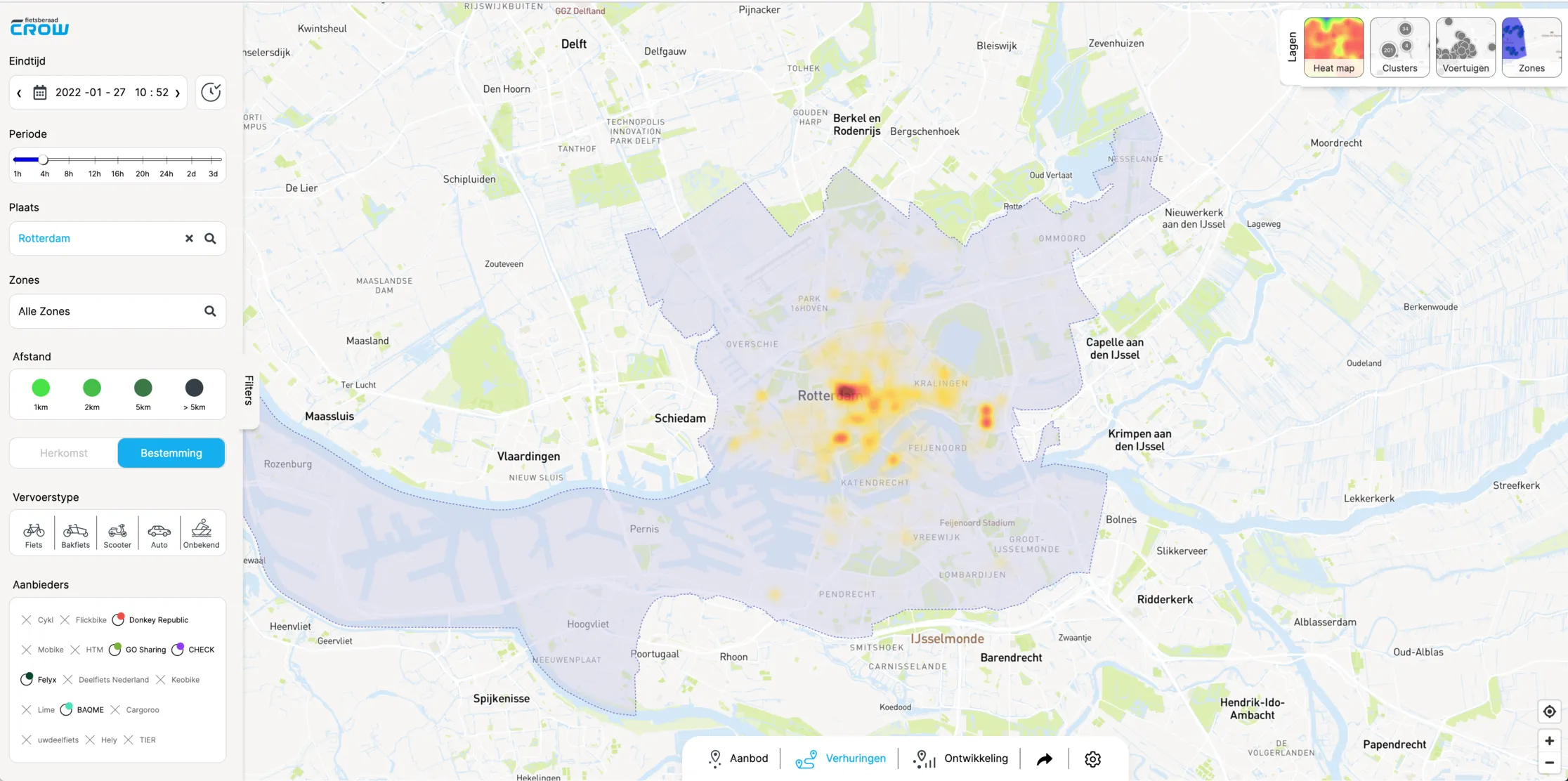 Bestemmingen van deelvoertuigen in kaartweergave